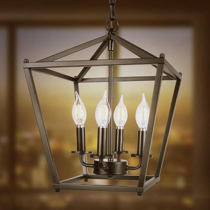 Unicozin Black Lantern Pendant Light, 4 Lights Farmhouse Chandelier Fixture with
