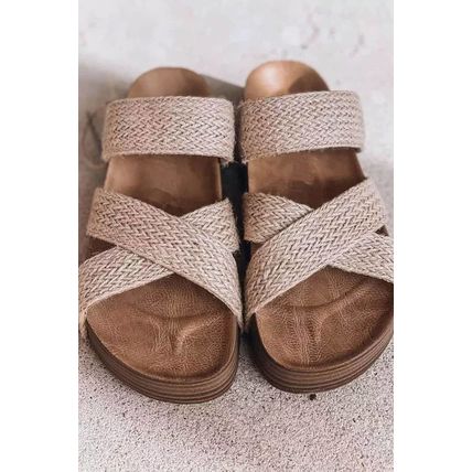 Beige Linen Woven Cross Criss Hollowed Slip-On Slippers