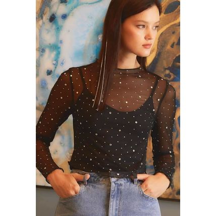 Black Rhinestone Sheer Mesh Slim Fit Long Sleeve Top