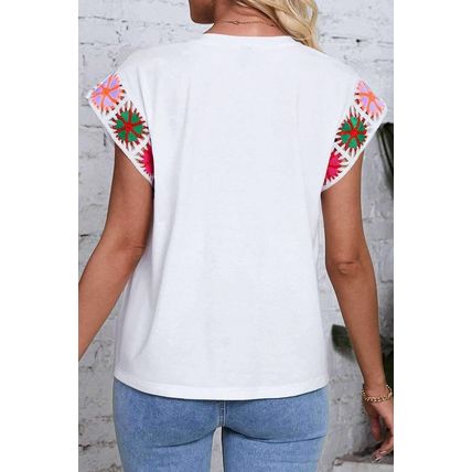 White Floral Crochet Sleeve Crew Neck Top