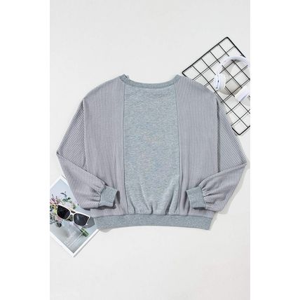 Light Grey Waffle Patchwork Long Sleeve Raw Hem Pullover Top