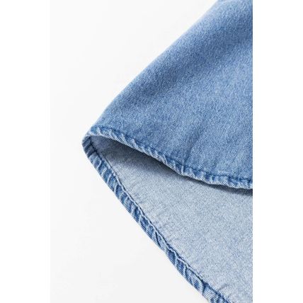 Sky Blue Frilled Raw Hem Half Buttoned Denim Top