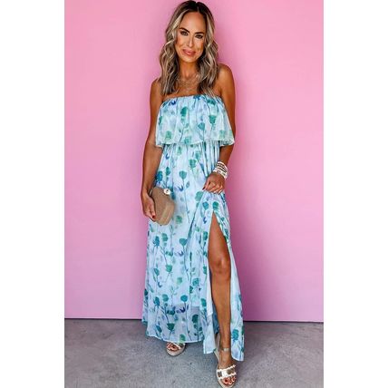 Green Floral Print Ruffled Side Slit Tube Top Maxi Dress