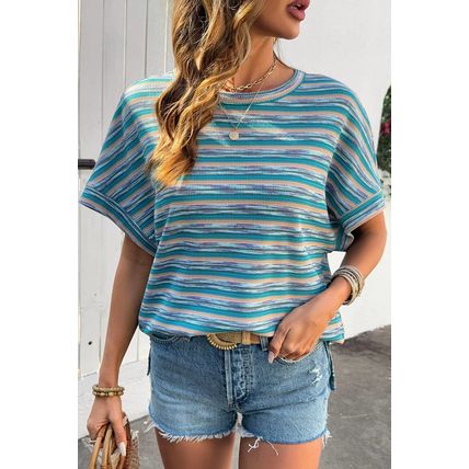 Multicolour Striped Wide Sleeve Loose T Shirt