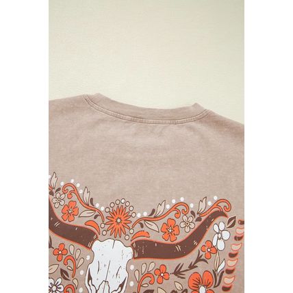 Smoke Gray Mineral Wash Floral Steer Head Printed Back Western Fashion Tee