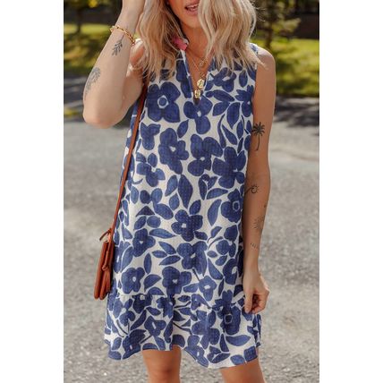 Blue Floral Sleeveless Colorblock Notched V Neck Mini Dress