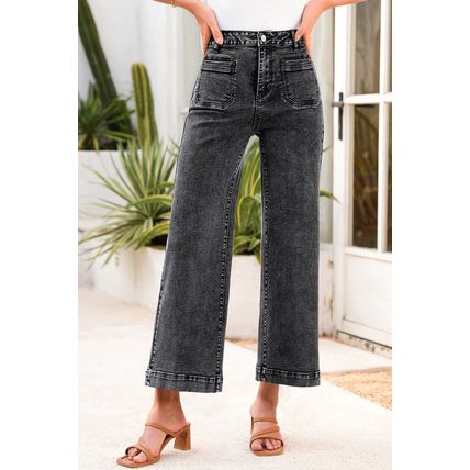 Black Chic Patch Pocket Straight Leg Loose Jeans
