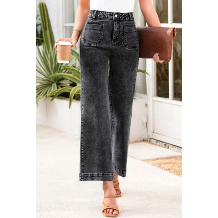 Black Chic Patch Pocket Straight Leg Loose Jeans