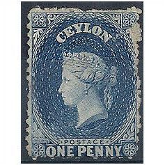Ceylon 1864.SG48 1d Deep Blue Watermark Crown CC Mint No Gum - Rub.