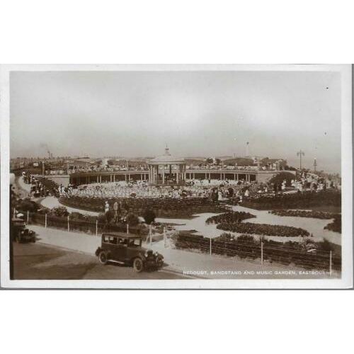 Eastbourne, E Sussex - Bandstand & Music Garden, old car - RP postcard c.1930s
