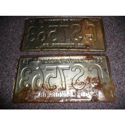 1968 Illinois IL Vintage License Plate Pair Number GS 7563 Red White Patina