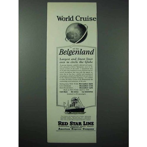 1925 Red Star Line Cruise Ad - World Cruise Belgenland