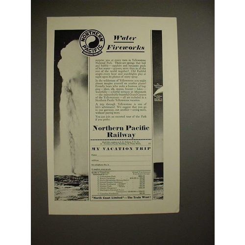 1929 Northern Pacific Railway Ad - Old Faithful Geyser