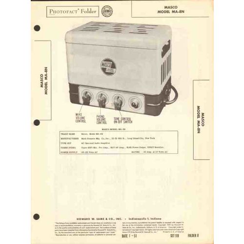 MASCO model MA-8N 4 tube audio amplifier Sams Photofact manual