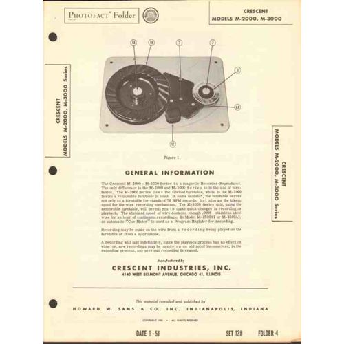 CRESCENT model M-2000 M-3000 wire recorder phono Sams Photofact manual