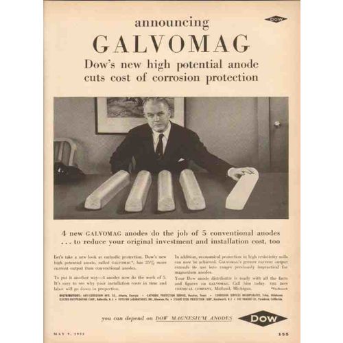 DOW CHEMICAL COMPANY 1955 Galvomag anode corrosion protect vintage ad