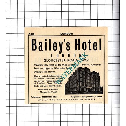 Bailey's Hotel Gloucester Road London Small Advert - 1958 Cutting / Print