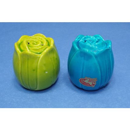 Vintage Rossini Blue & Red Tulip Salt & Pepper Shakers W/Stand Made in Japan