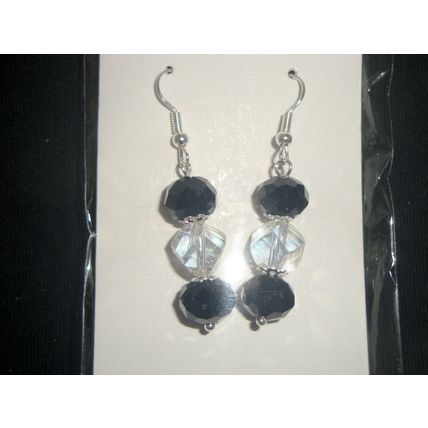 Noticeable large black rondelle & clear helix swing glass earrings