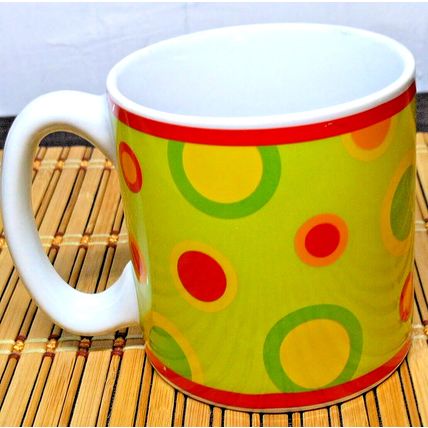 fib Burton & Burton Circles & Dots Coffee Tea Mug Lime Green Yellow Red Easter