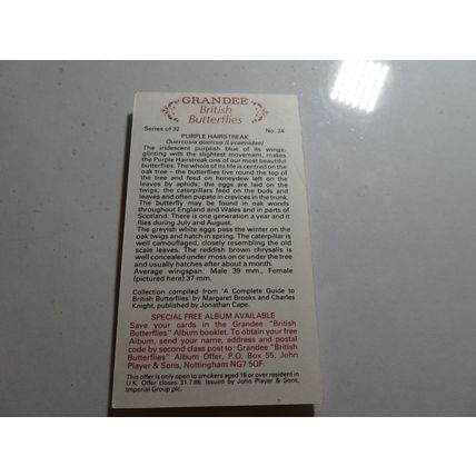 1983 Grandee British Butterflies Card # 24 of 32 Purple Hairstreak Excellent (5)