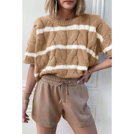 Dark Khaki Striped Cable Short Sleeve Sweater