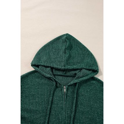 Evergreen Ribbed Zip Up Front Drawstring Hoodie