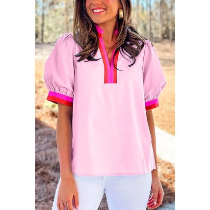 Pink Contrast Striped V Neck Collision Short Puff Sleeve Blouse