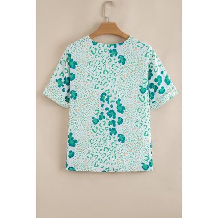 Green Mixed Leopard Print V Neck Short Sleeve Blouse