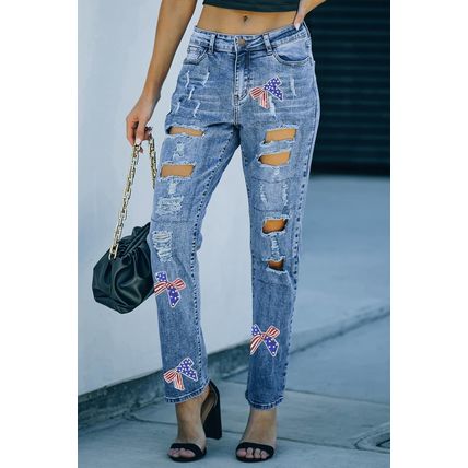 Light Blue Flag Pattern Inspired Sequin Bow Graphic Distressed Jeans