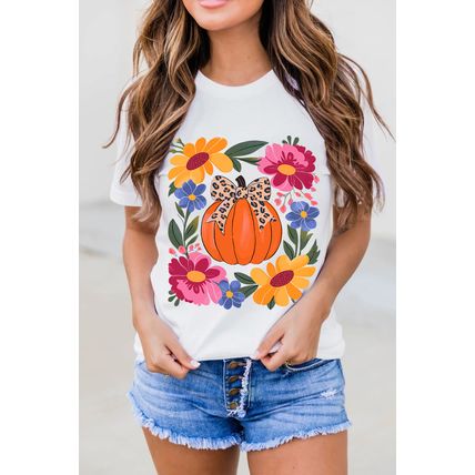 White Pumpkin Floral Graphic Thanksgiving Holiday T Shirt