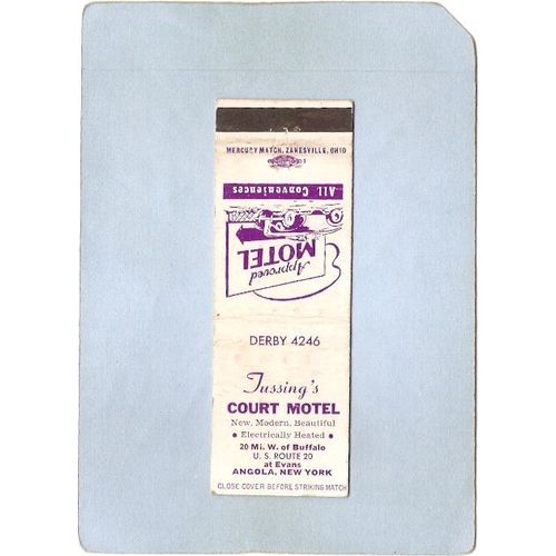 New York Angola Matchcover Tussing's Court Motel Rt 20 w/Low Phone Number ~2349