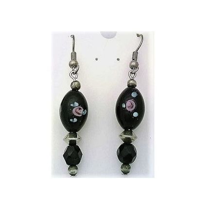 Black Floral Glass Bead Dangle Earrings
