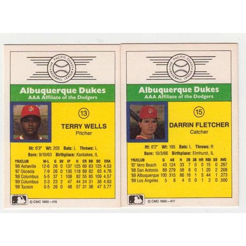 Two 1990 CMC Albuquerque Ducks cards- Darrin Fletcher #15, Terry Wells # 13