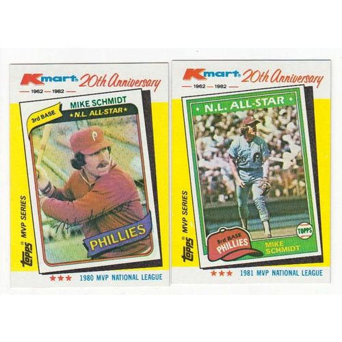 Two 1982 Kmart Mike Schmidt baseball cards #39, #41 -NM- Phillies- Oddball