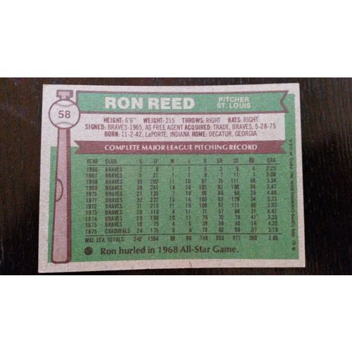 1976 Topps Card # 058 Ron Reed Very Good-Excellent (4) St Louis Cardinals