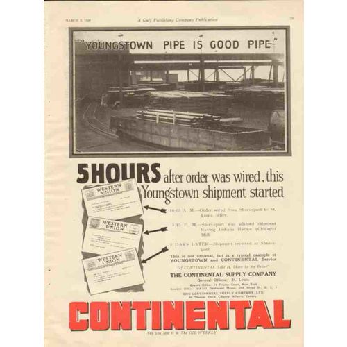 CONTINENTAL SUPPLY COMPANY 1928 Youngstown pipe is good vintage ad