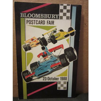 BLOOMSBURY POSTCARD FAIR, 1988 unused postcard racing car (a)