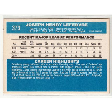 1982 Donruss baseball card 373 Joe Lefebvre