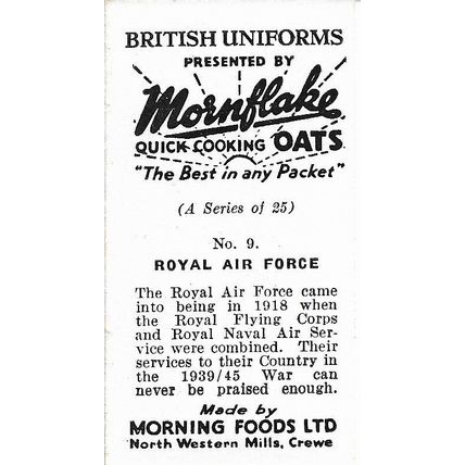 British Uniforms 1954 Mornflake Oats Card 9 - Royal Air Force