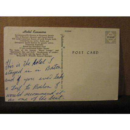 HOTEL KENMORE, BOSTON, MASSACHUSETTS unused vintage postcard =