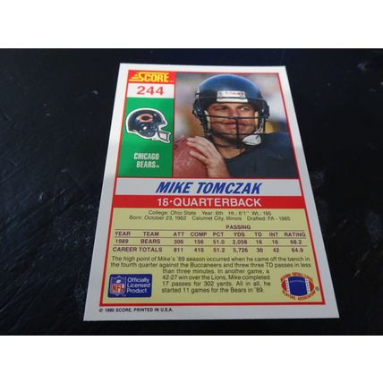 1990 Score Football Card # 244 Mike Tomczak Excellent-Mint (6) Chicago Bears