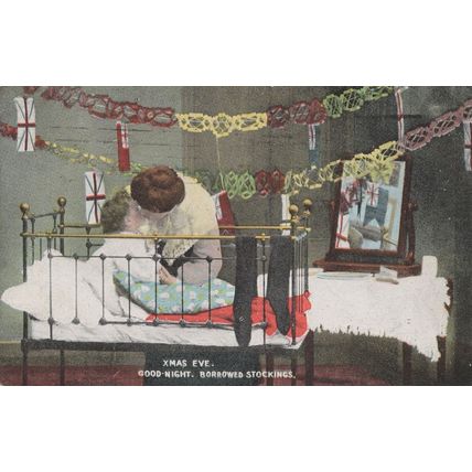 Christmas Eve Military Flags as Stockings Greetings Old Postcard