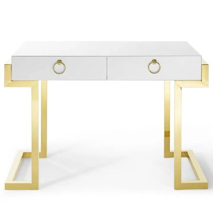 Minimalist White Office Desk Gold Stainless Steel Geometric Base Ring Pulls