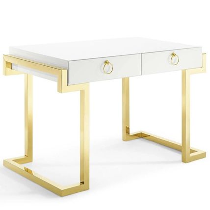 Minimalist White Office Desk Gold Stainless Steel Geometric Base Ring Pulls