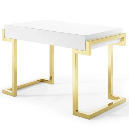 Minimalist White Office Desk Gold Stainless Steel Geometric Base Ring Pulls