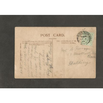 Genealogy Postcard Arthur Herrage 52 Hawthorn Bank Spalding Lincolnshire 1906