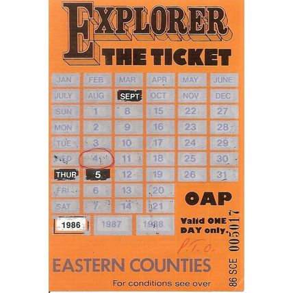 Explorer Ticket issued by the Eastern Counties Omnibus Co. Ltd. in 1986