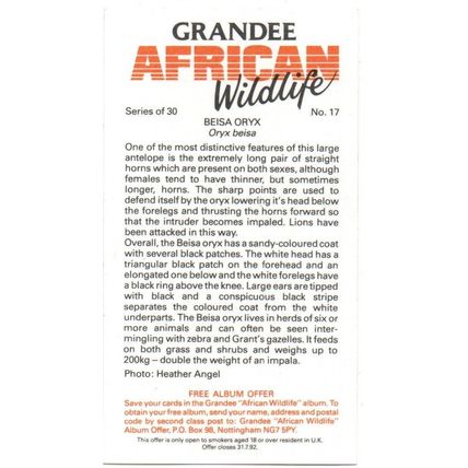 PLAYER'S GRANDEE CIGAR CARD AFRICAN WILDLIFE 1990 EXCELLENT No. 17 BEISA ORYX