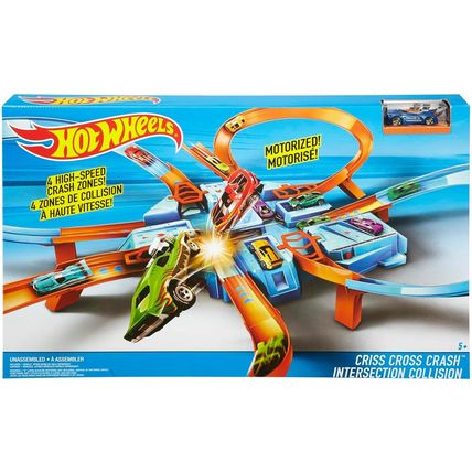 Hot Wheels Toy Car Track Set, Criss Cross Crash with 1:64 Scale Vehicle, Powered